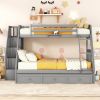 Twin-Over-Full Bunk Bed with Drawers, Ladder and Storage Staircase, Gray