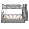 Twin-Over-Full Bunk Bed with Drawers, Ladder and Storage Staircase, Gray