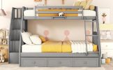 Twin-Over-Full Bunk Bed with Drawers, Ladder and Storage Staircase, Gray