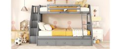 Twin-Over-Full Bunk Bed with Drawers, Ladder and Storage Staircase, Gray